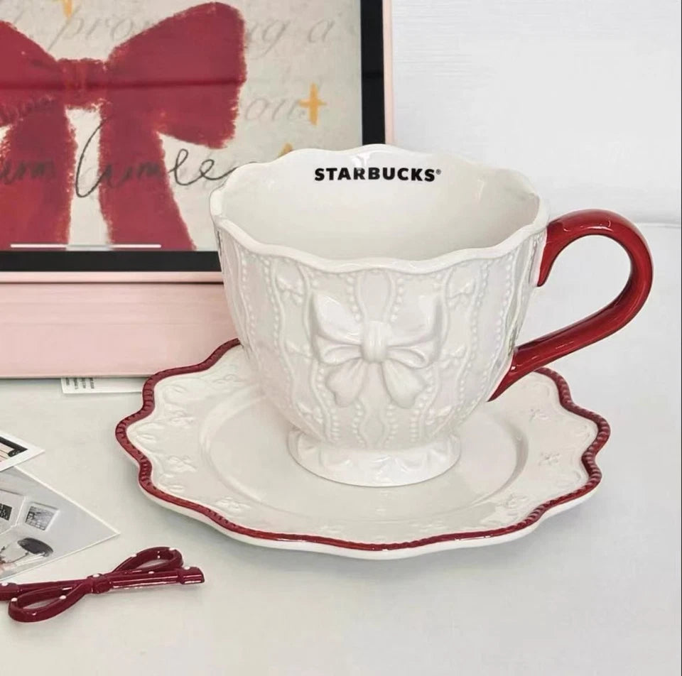 Starbucks China Christmas White Bow 11oz Mug with Coaster Gift