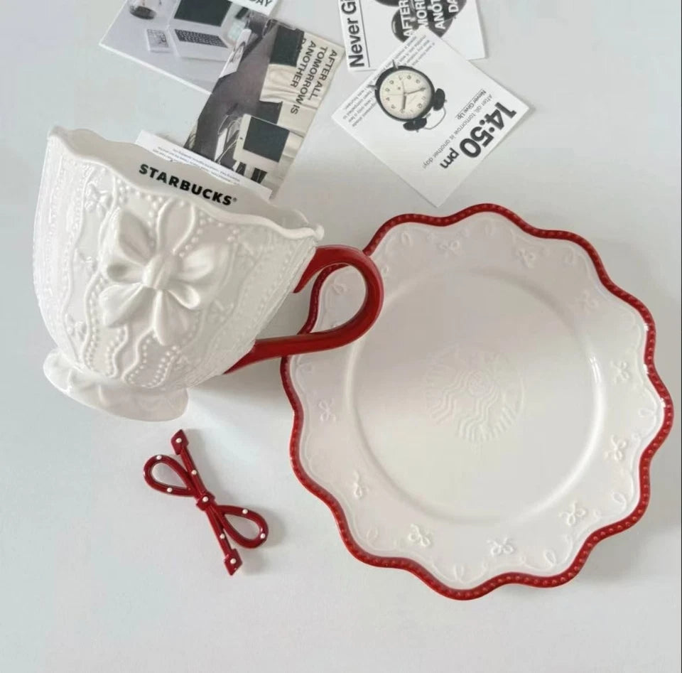 Starbucks China Christmas White Bow 11oz Mug with Coaster Gift
